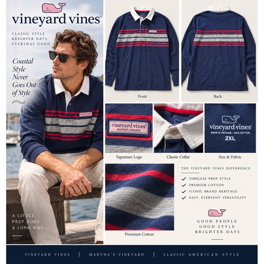 Vineyard Vines Mens 2XL Navy Stripe Cotton Long Sleeve Preppy Rugby Shirt Polo
